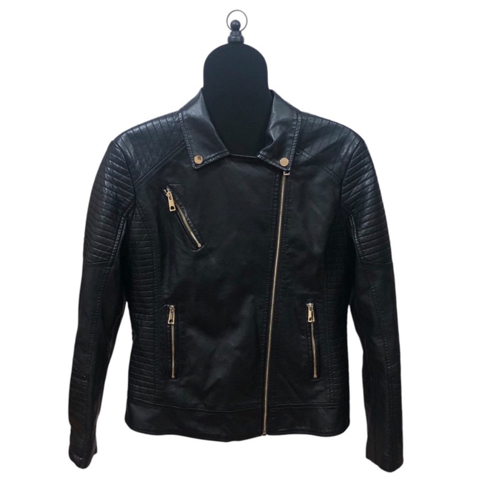 GIOLSHON Women's Black Vegan Leather Jacket Moto size Large every season  wear